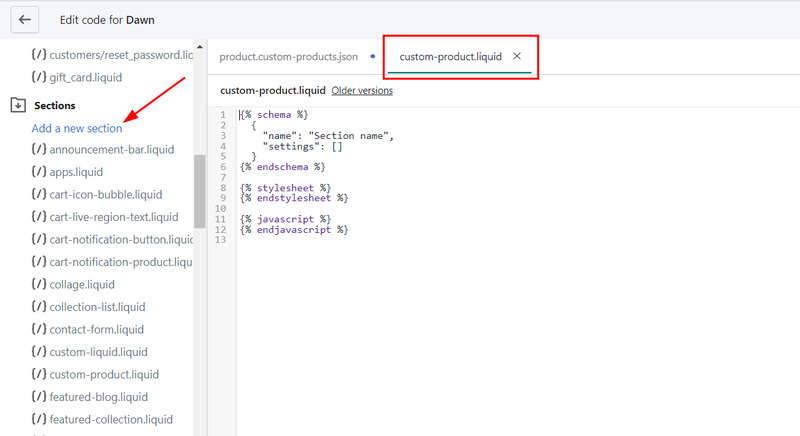  Click the Create section. Your new file will open in the code editor.